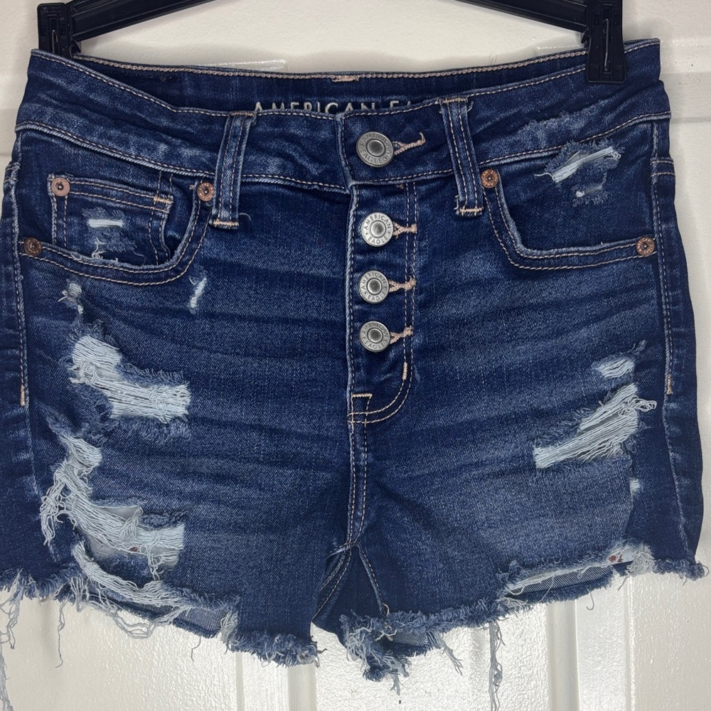 American Eagle Outfitters Dark Indigo Distressed Button-Fly Jean Shorts